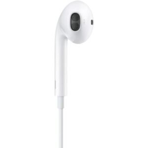Close-up of Apple EarPods USB-C right earbud showing R label and mesh speaker grille, UK