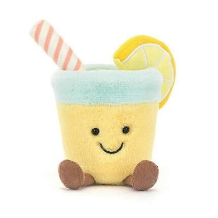 ellycat-style lemonade cup soft plush toy with stripy straw and lemon slice detail, pastel yellow and mint, cute kawaii gift for kids and adults UK