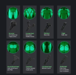 Diagram showing all 8 massage gun heads including spherical, U-shape, flat, finger, shovel, cone, cylindrical and thumb heads with body area targets – UK