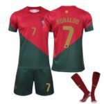 Kids Portugal football kit red and green home shirt with Ronaldo No.7, matching shorts and socks