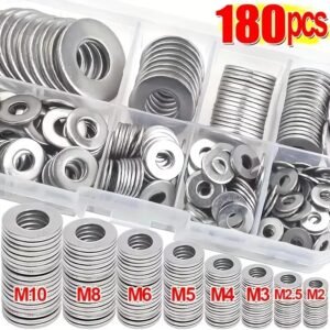 180Pcs stainless steel flat washers assortment kit in M2-M10 metric sizes