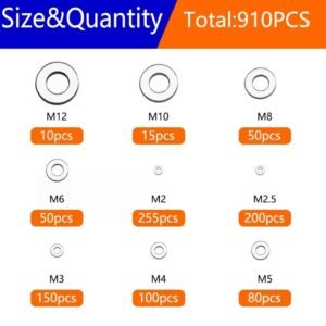 910Pcs 304 Stainless Steel Flat Washers M2-M12 Kit