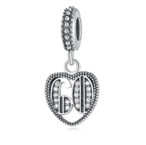 60th birthday charm, 925 sterling silver heart dangle bead with cubic zirconia, side view