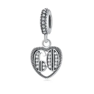 60th birthday charm in sterling silver with heart design and sparkling cubic zirconia stones