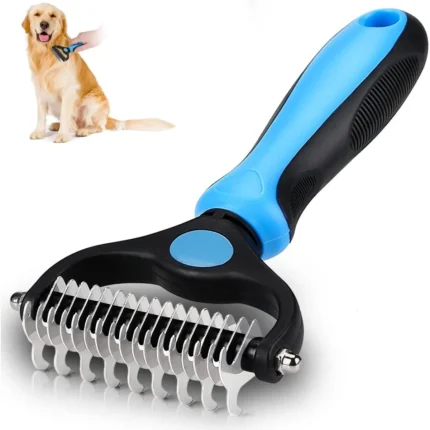 Blue double-sided dog dematting comb with golden retriever being groomed